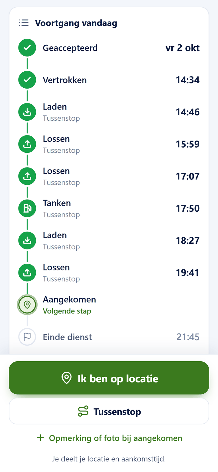 Voortgang van een chauffeur op de telefoon: vertrokken, laden, lossen en tanken met de tijd erbij, en de knoppen ‘Ik ben op locatie’ en ‘Tussenstop’.