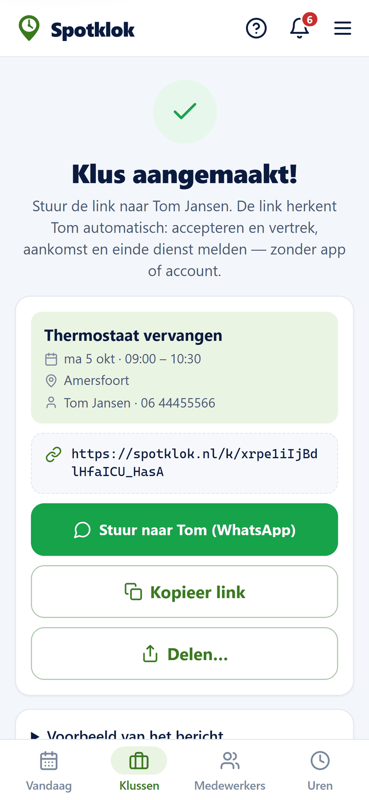 Een nieuwe klus is klaar; Spotklok toont de knop om de kluslink via WhatsApp te delen.