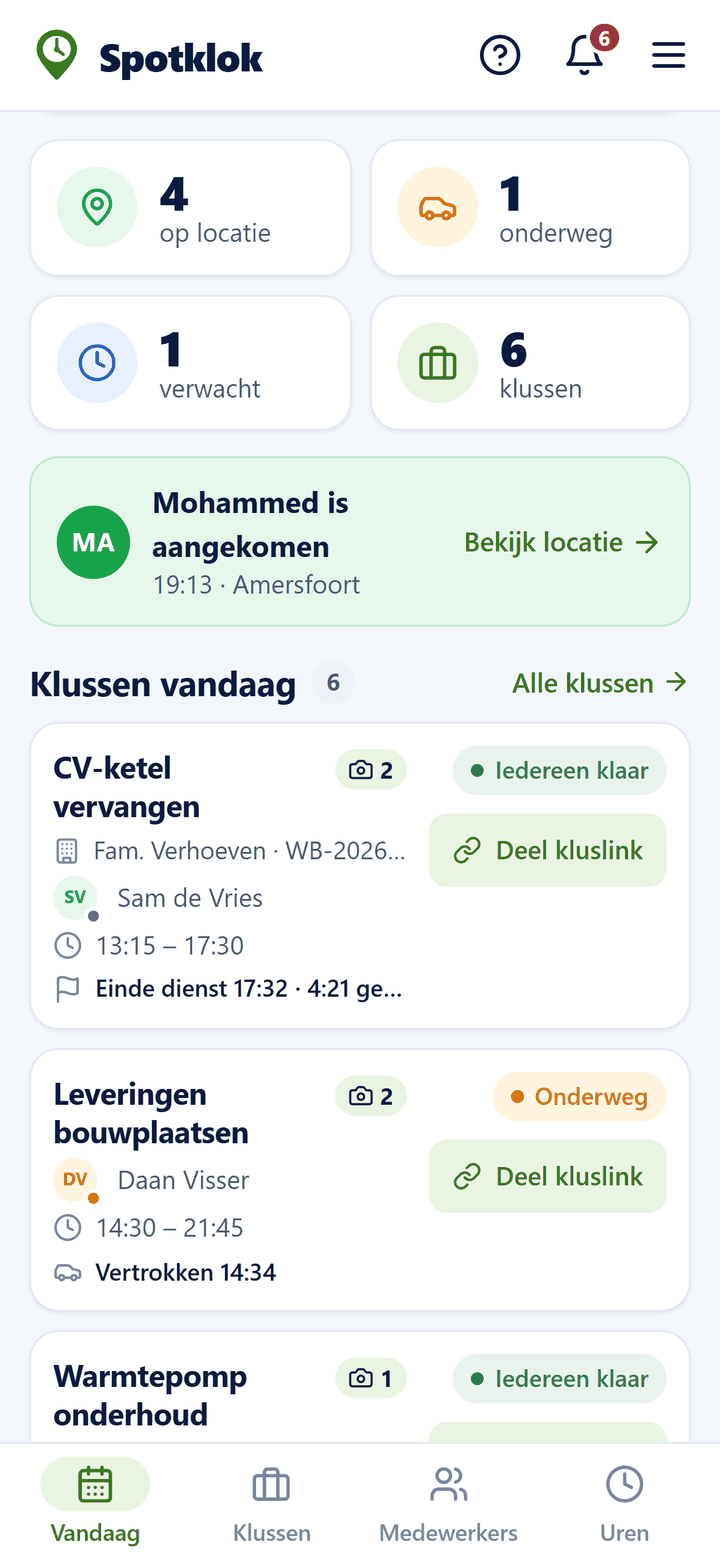 Overzicht Vandaag op de telefoon van de werkgever: wie op locatie is, onderweg is of klaar is.